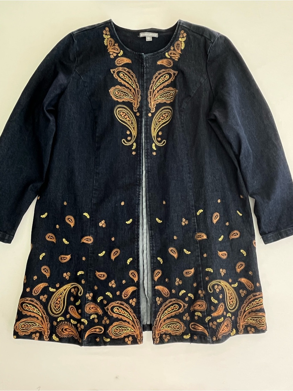 Jessica London Women’s Plus Size 18W Paisley Embroidered Blue Denim Open Jacket